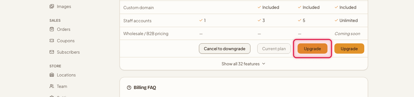The plan comparison table with an Upgrade button highlighted