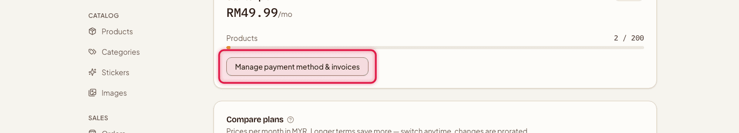 The Manage payment method & invoices button highlighted