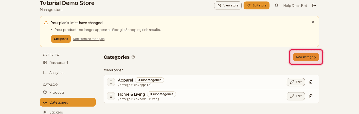 The Categories page with the New category button highlighted