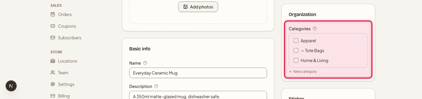 A product's Organization card with the Categories checklist highlighted