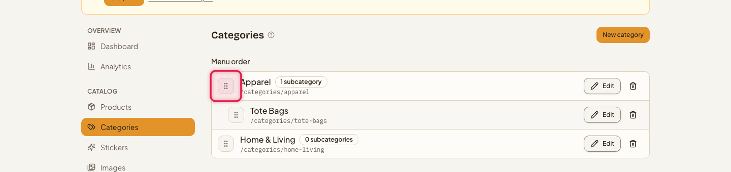 The Categories list with a category's drag handle highlighted