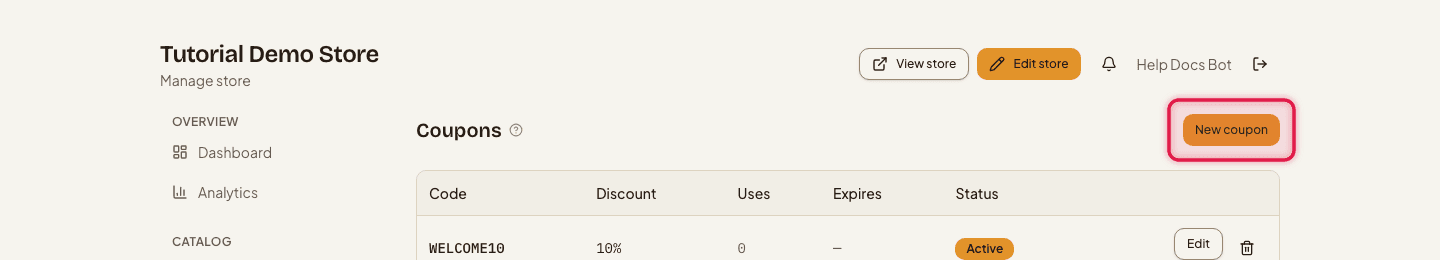 The Coupons page with the New coupon button highlighted