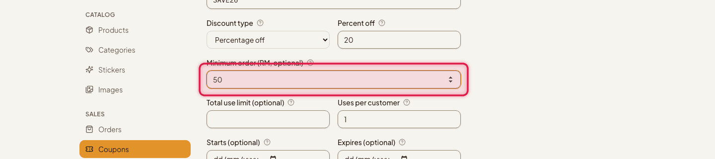 The Minimum order, Total use limit, and Uses per customer fields highlighted