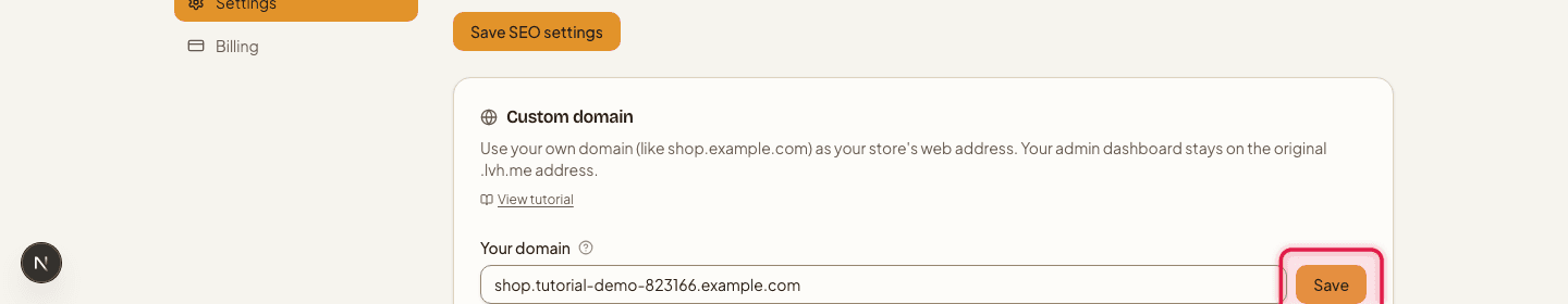 The Custom domain card with the Save button highlighted