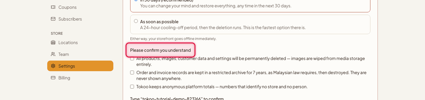 The three acknowledgement checkboxes highlighted