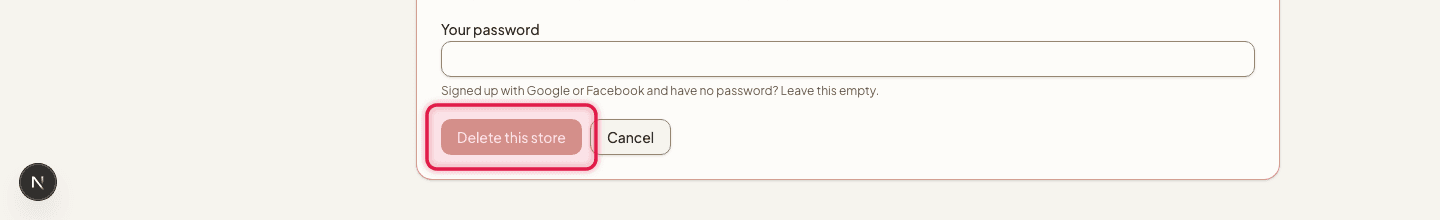 The disabled Delete this store button highlighted, next to the password field