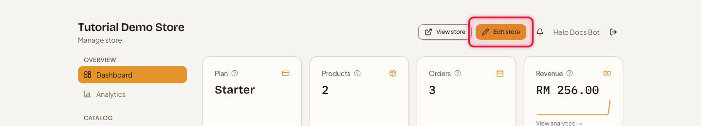 The admin dashboard with the Edit store button highlighted