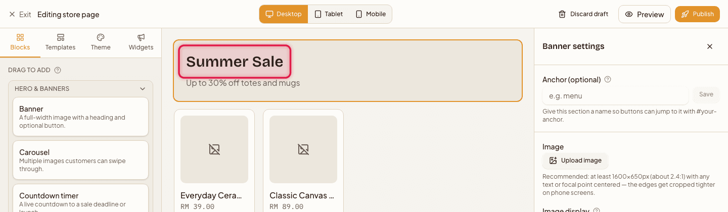 A Banner block selected on the canvas with its settings panel open on the right