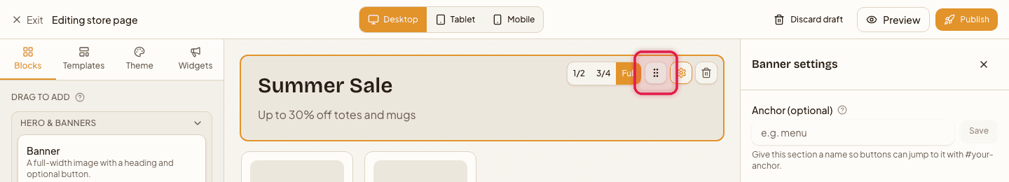 A block's floating toolbar with the drag-to-reorder handle highlighted