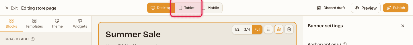 The editor's top bar with the Tablet device switcher button highlighted