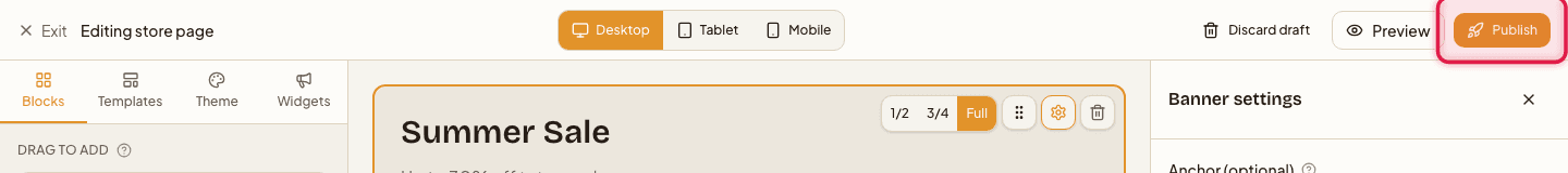 The editor's top bar with the Publish button highlighted