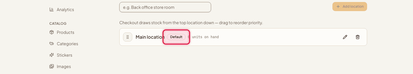 The Locations list with the Default badge highlighted