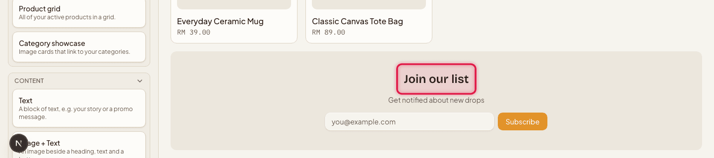 A Newsletter signup block on the homepage canvas, highlighted