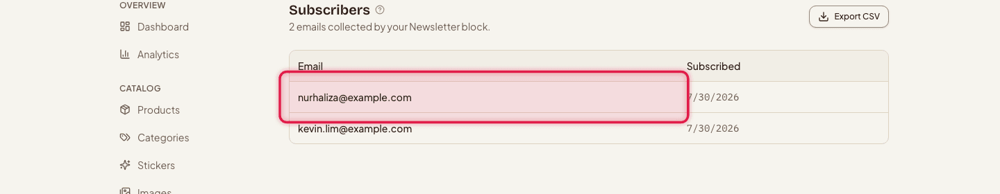 The Subscribers page with a collected email row highlighted