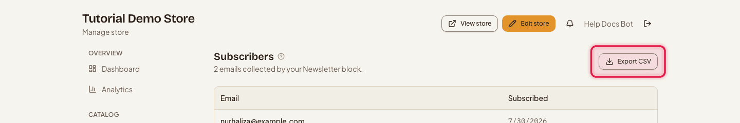 The Subscribers page with the Export CSV button highlighted