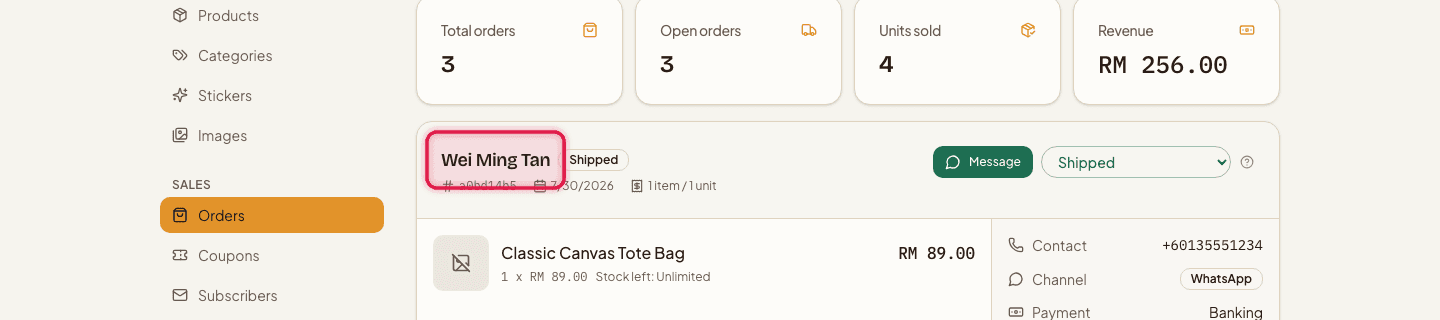 The Orders page with an order's customer name and details highlighted