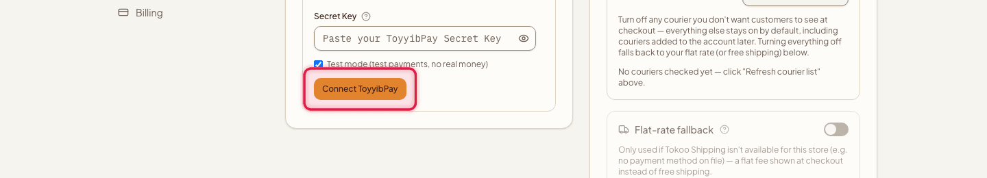 The Connect ToyyibPay button highlighted