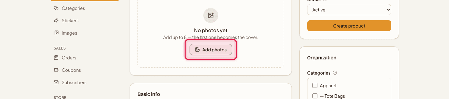 The New product form's Photos card with the Add photos button highlighted