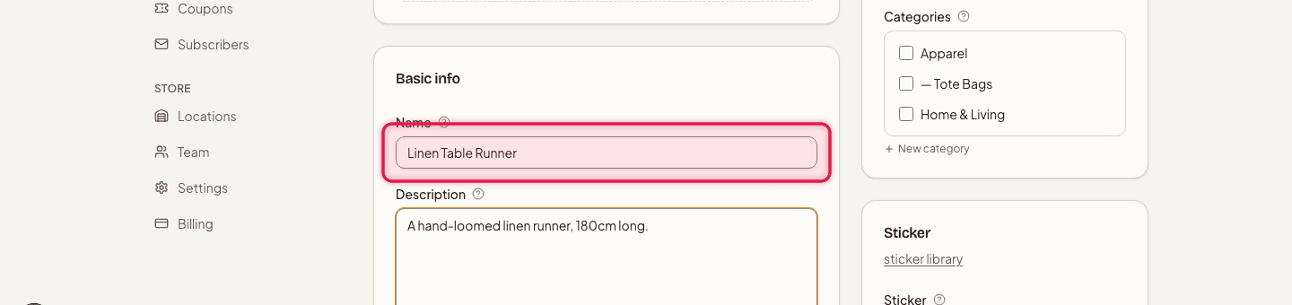 The Basic info card with the Name field highlighted, filled in with a sample product name