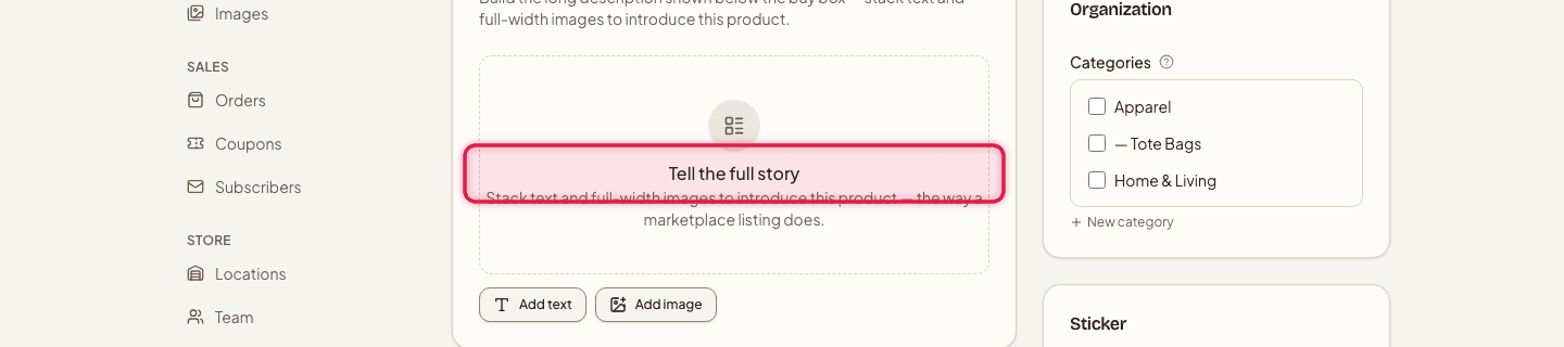 The Product details card highlighted, showing the Add text and Add image buttons