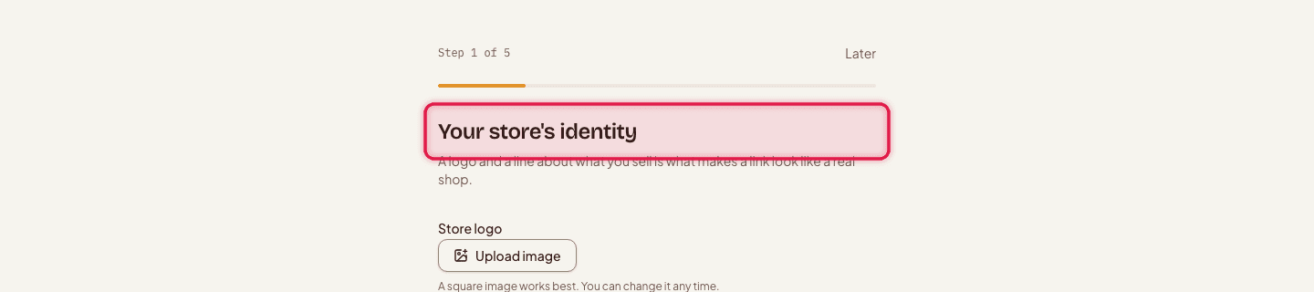 The setup wizard's first essential step, "Your store's identity"