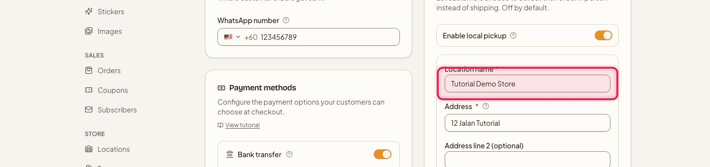 Settings → Checkout & delivery with the Location name field highlighted