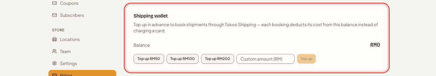 The Billing page's Shipping Credit card with the top-up buttons highlighted
