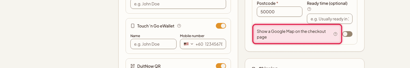 The Show a Google Map on the checkout page toggle highlighted