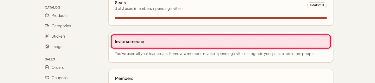 The Team page's Invite someone form highlighted