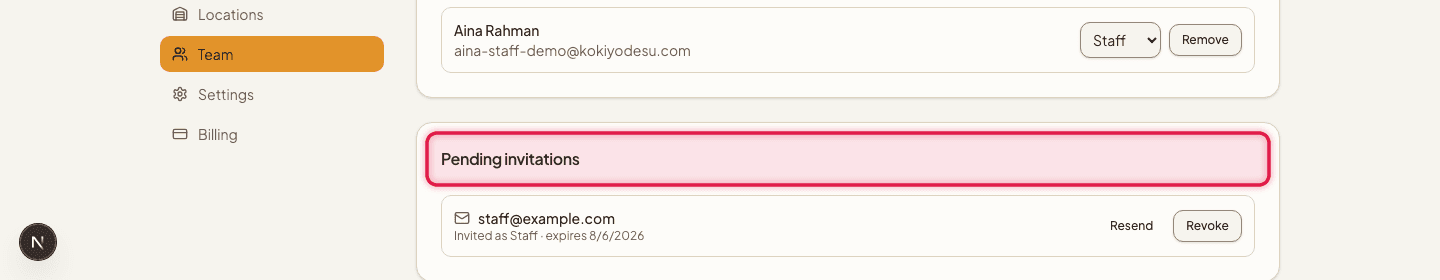 The Pending invitations section highlighted, showing Resend and Revoke buttons