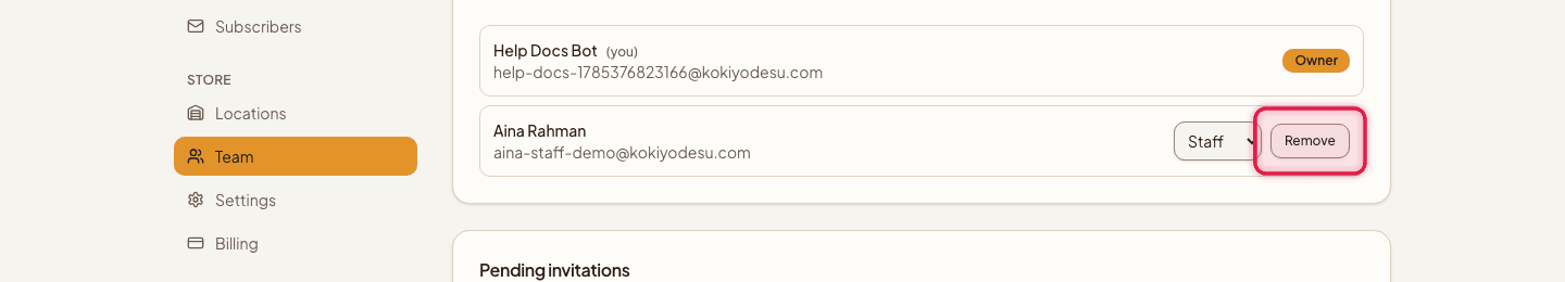A team member's row with the Remove button highlighted