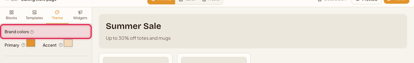 The Theme panel's Brand colors section highlighted, showing Primary and Accent swatches