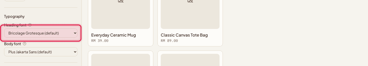 The Theme panel's Typography section highlighted, showing heading and body font dropdowns