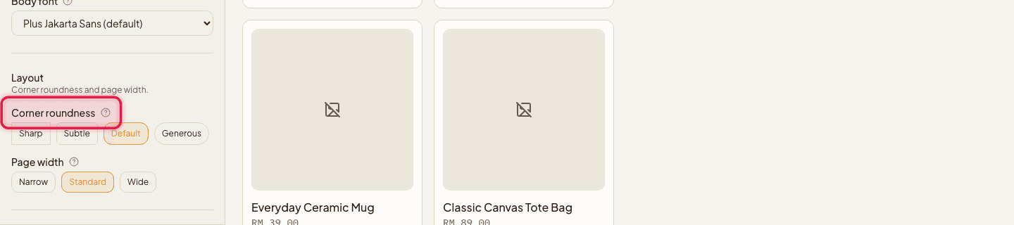 The Theme panel's Layout section highlighted, showing corner roundness and page width options